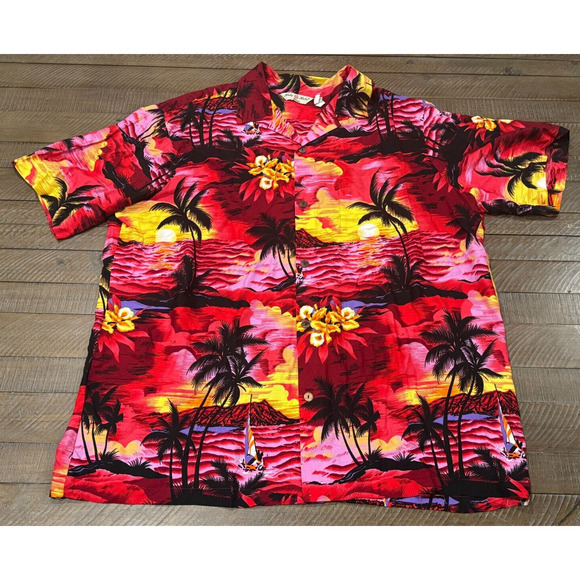 Hula Hula Hawaiian Shirt Fuchsia Black/Red/Yellow Palm Trees Tropical Rayon- 2XL - Picture 1 of 7